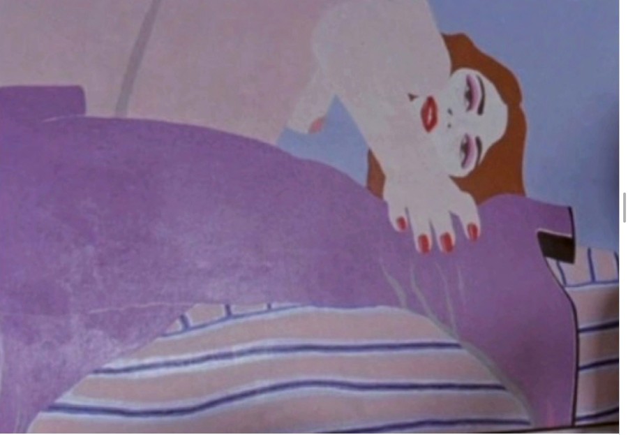 Animation still, purple bed