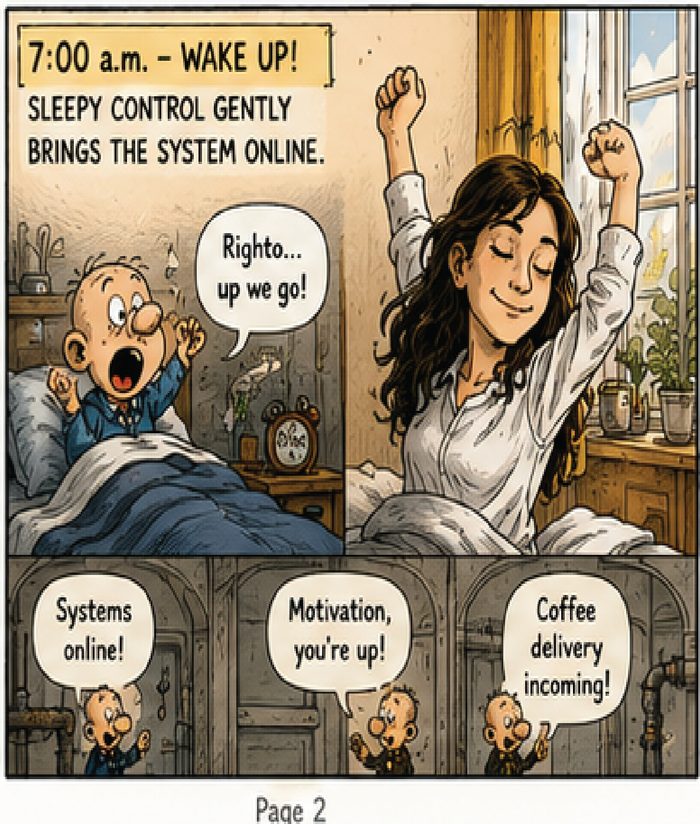CRUSHED page 2: 7:00am wake up, sleepy control brings the system online.