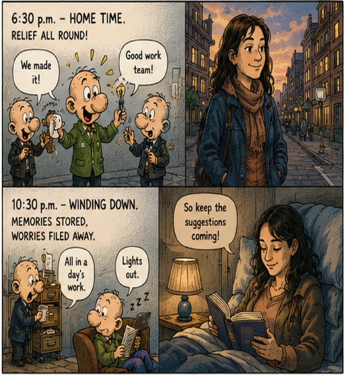 CRUSHED page 6: 6:30pm home time, worries filed away.
