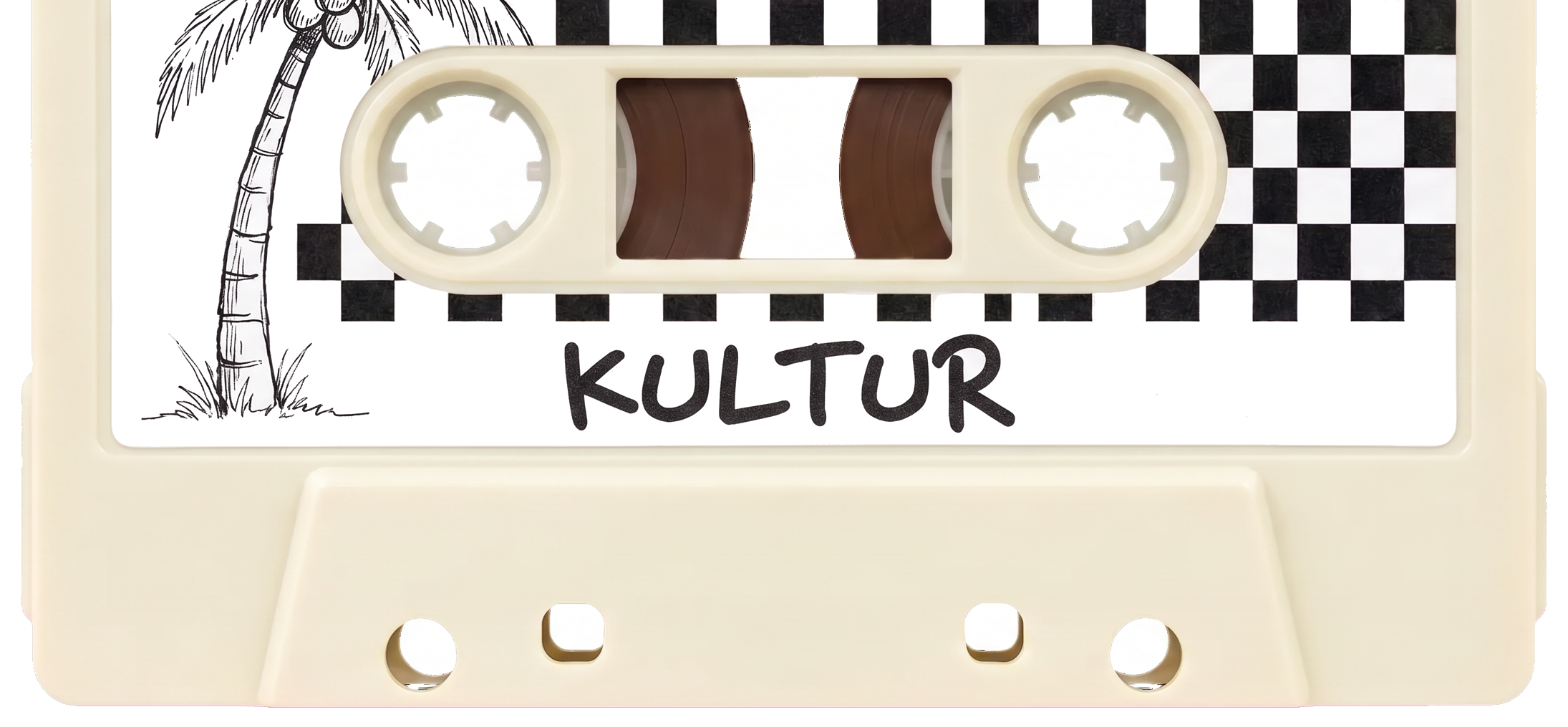 The Kultur No. 6 cassette, hand-lettered KULTUR in black marker on a white label with a palm tree drawing and a checkerboard pattern