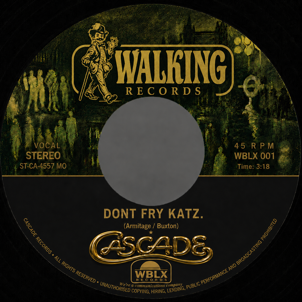 Walking Records label for Dont Fry Katz with walking man illustration