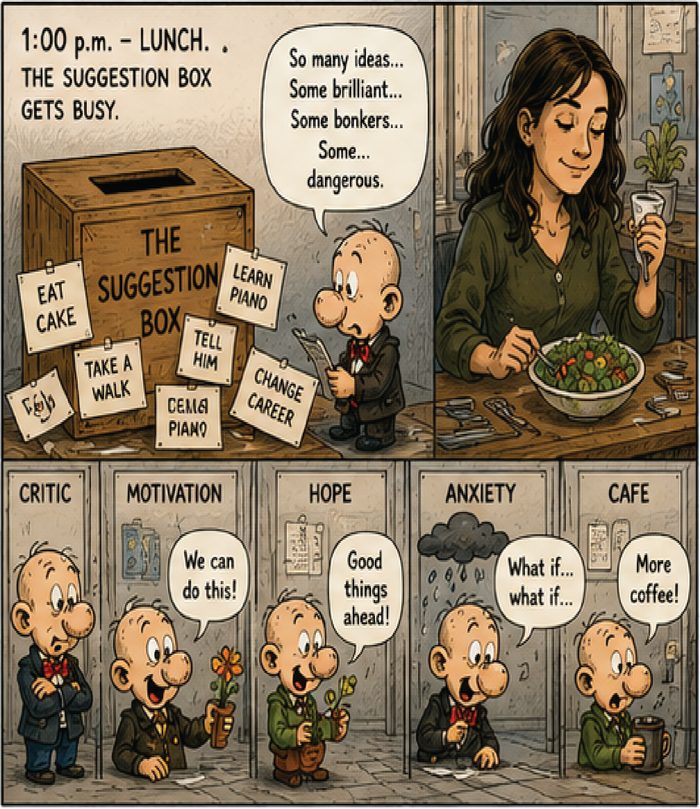 CRUSHED page 5: 1:00pm lunch, the Suggestion Box gets busy.