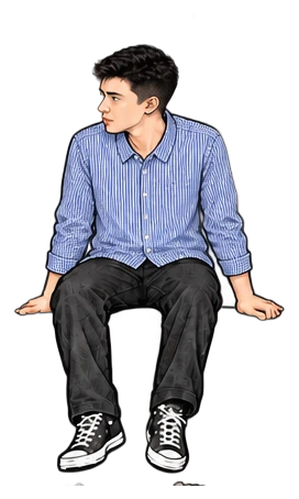 The guide: a young man with dark curly hair in a black blazer, white tee, black jeans and high-tops, sitting and looking to one side